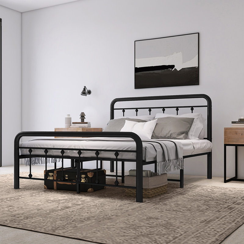 Buckmaster 39.5 Modern Metal Bed Frame with Design Headboard No Box Spring Needed Lark Manor Color Black Size Queen